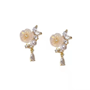 Golden floral clip-on earrings with white pearls and marquise-cut zircon drops