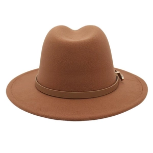 Close-up of brown wool fedora hat featuring a stylish slim leather band and gold buckle
