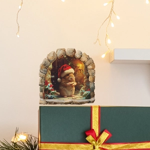 3D Christmas mouse hole wall sticker featuring a hamster with a red hat and holiday decor