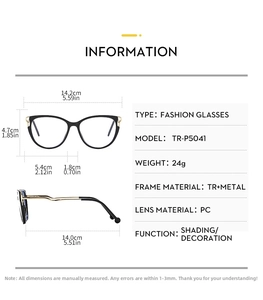 Detailed size specifications for Cat Eye TR90 glasses with lens width and frame dimensions