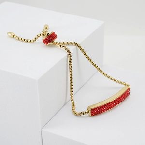 Detail of adjustable gold-tone bracelet featuring red crystal paved bar and box chain