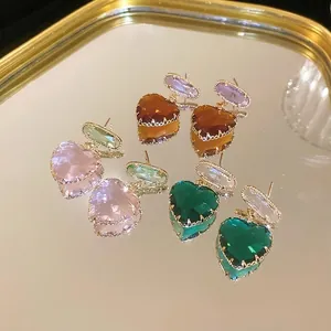 Elegant gold plated heart crystal drop earrings set in pink, amber, and forest green
