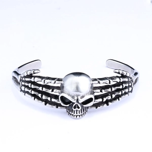 Gothic skull and skeleton hand open cuff bracelet in vintage silver stainless steel