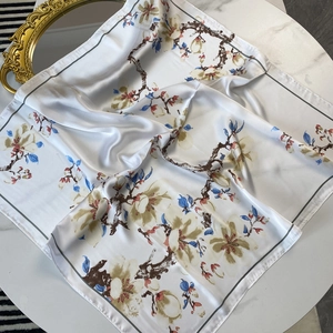 Elegant floral print satin square scarf with vintage blue and yellow flower patterns
