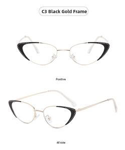 Detail of cat eye glasses frame with gold metal finish and sparkling rhinestones