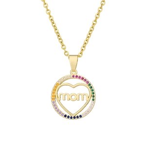 Gold MOM pendant necklace with rainbow zircon halo on a minimalist stainless steel chain