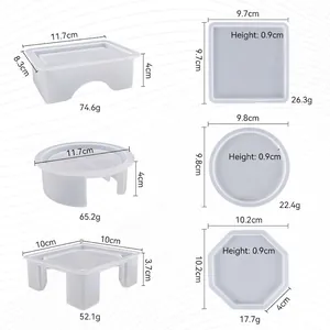Set of 6 silicone coaster molds in various geometric shapes with dimensions and weights
