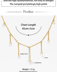 Detailed sizing chart for gold tassel necklace with zircon charms and 18K PVD plating