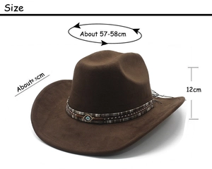 Guide des tailles détaillé pour chapeau de cowboy marron foncé en daim avec décor