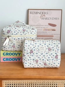 Quilted cotton vanity bag set with purple flower bear print and ribbon detail