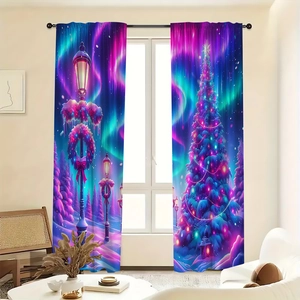 Detailed Christmas curtains showing aurora sky and snowy tree with metal ring eyelets