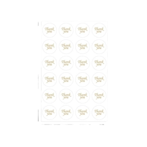 Feuille de 24 autocollants ronds blancs Thank You avec écriture dorée pour emballage