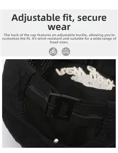 Detail of adjustable strap and plastic buckle on black breathable mesh baseball cap