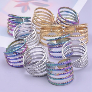 Adjustable multi-layer hollow 304 stainless steel rings in gold, silver, and rainbow colors