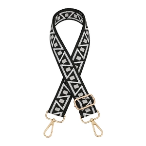 Adjustable black and white woven shoulder strap for bags with gold metal swivel hooks