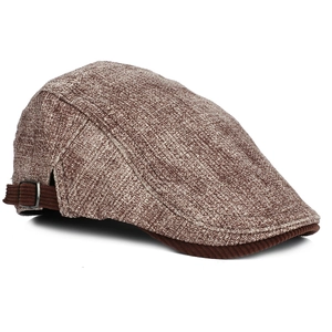 Retro brown tweed flat cap for men and women with corduroy brim and adjustable metal buckle