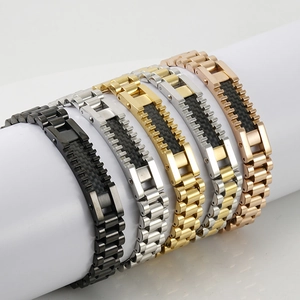 Men's stainless steel link bracelets with carbon fiber inlays in five metallic finishes