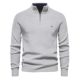 Men Knitted Sweater Cotton Blend Half Zip Stand Collar Slim Fit Casual Solid Color Long Sleeve Pullover