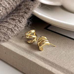 Minimalist 925 silver golden triple layered ripple wave stud earrings for women