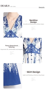 Detail view of V-neck and single-breasted buttons on blue and white floral bird print dress
