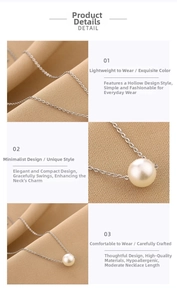 Detail view of pearl pendant necklace featuring hypoallergenic chain and hollow design