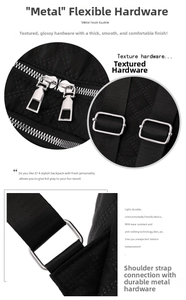 Detalle de las cremalleras y herrajes de metal plateado en la mochila acolchada negra