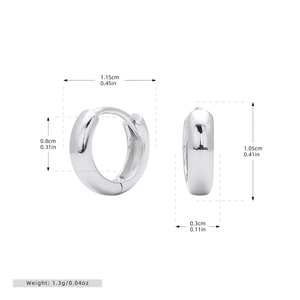 Detailed view of silver hoop earrings showing precise 1.15cm diameter dimensions and 925 mark