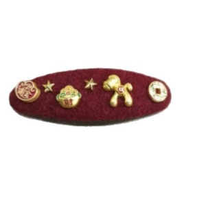 New Year red flocked hair clip with gold balloon dog and auspicious symbols on white background