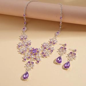Vintage zircon hollow flower and teardrop necklace set with purple crystal accents