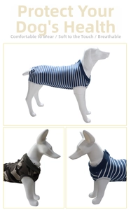 Close-up of the striped and camouflage dog recovery suits with soft ribbed necklines