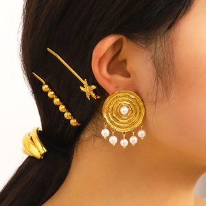 French vintage gold pearl hoop earrings and matching hair accessories for women