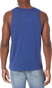 Rear view of a men's deep blue gym vest showing breathable cotton fabric and ergonomic cut