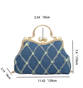 Detailed size chart for retro denim shell bag with gold frame and dimensions in cm/inches