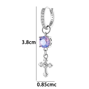 Silver cross hoop earrings with purple crystal drop and pavé stones measuring 3.8cm