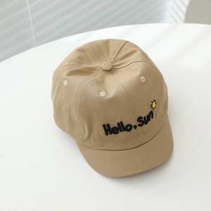 Khaki cotton baseball cap for babies featuring Hello Sun embroidery and short brim