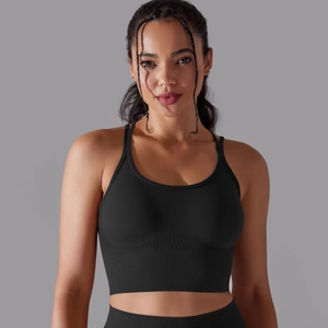 Détail du soutien-gorge de sport noir sans couture montrant l'ourlet côtelé et la texture