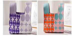 Close-up of geometric pattern on thick knit tote bags in purple and orange colorways