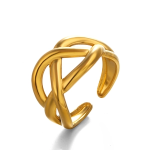 Polished 18K gold-plated irregular criss-cross open ring with adjustable stainless steel band