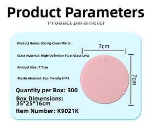 Pink sliding round makeup mirror with 7x7cm dimensions and eco-friendly HIPS plastic shell