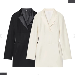 Vestito Blazer Donna Manica Lunga Aderente Risvolto Raso Stringato Schiena Elegante Formale Mini Festa Tinta Unita