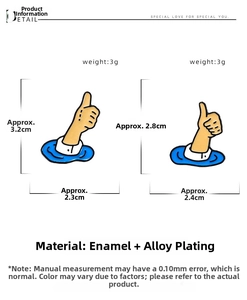 Detail specifications of cute thumb enamel pins showing size dimensions and 3g weight