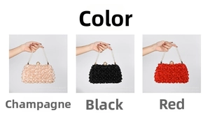 Detailed view of floral pearl evening bags in champagne, black, and red colors