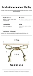 Detail view of handmade cotton rope curtain tieback with bow design and dimensions