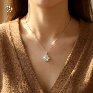Close-up of model wearing a Moissanite halo pendant necklace with S925 silver chain