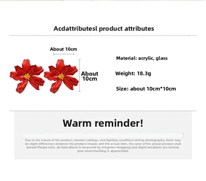 Detailed view of red acrylic flower earrings with size and weight specifications