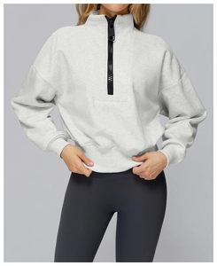 Detail of grey half-zip sweatshirt featuring a high collar and a durable black zipper
