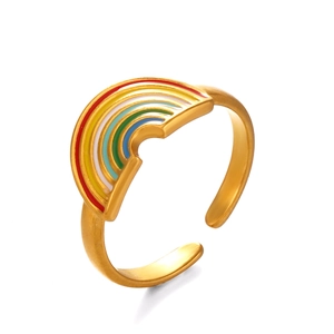 Rainbow enamel stainless steel open ring with adjustable gold plated band for women