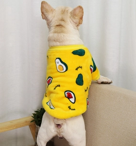 Gros plan d'un bouledogue français portant un pull en polaire jaune avec motif d'avocat