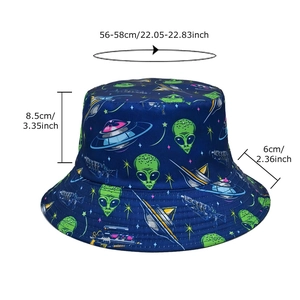 Alien and UFO print bucket hat with dimensions of 56-58cm circumference and 8.5cm height