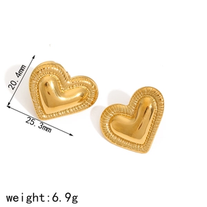 Polished 18k gold plated heart stud earrings with radiating stitch lines 25mm wide